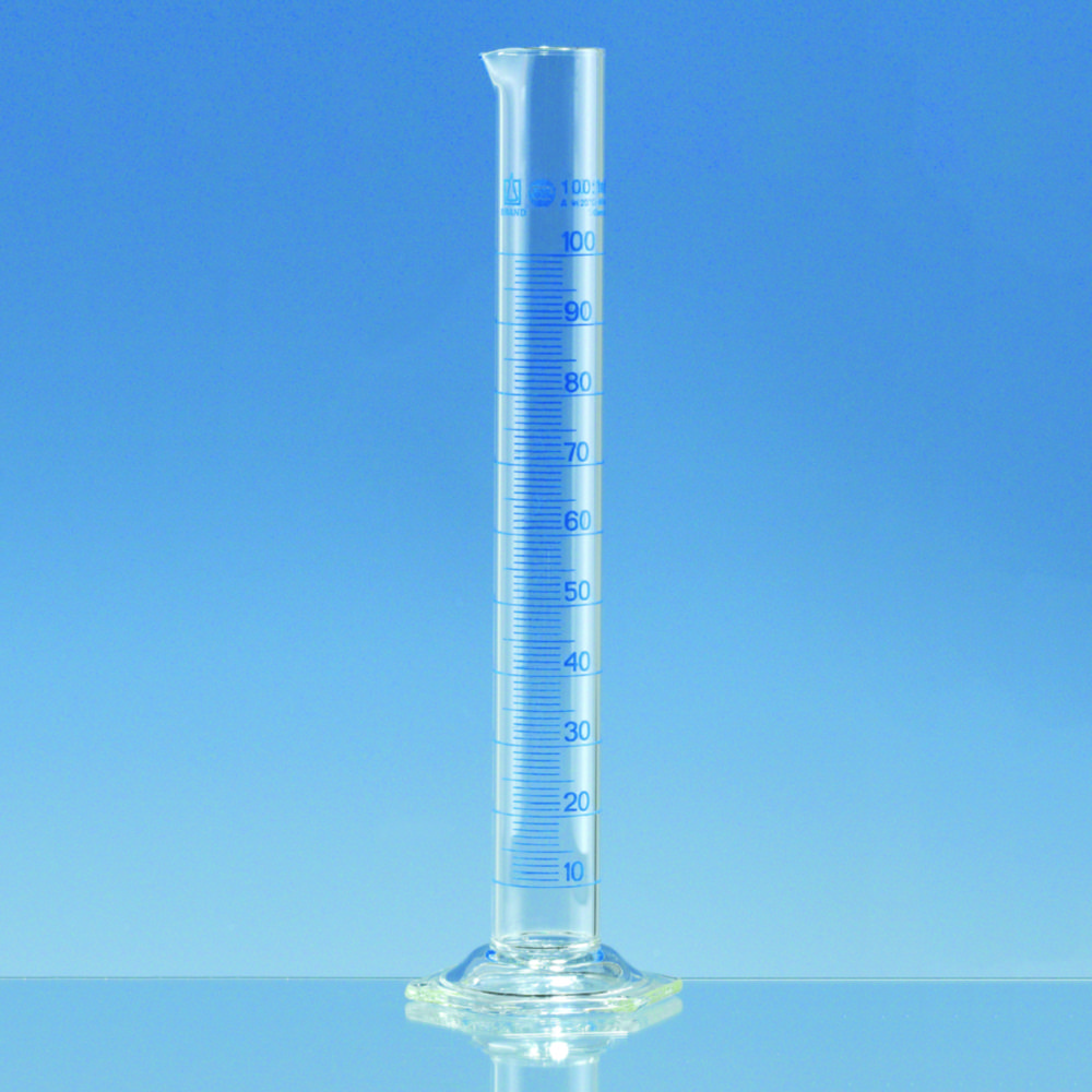Eprouvette graduée, en verre borosilicate 3.3, forme haute, classe A, graduations bleues | Volume nominal: 10 ml